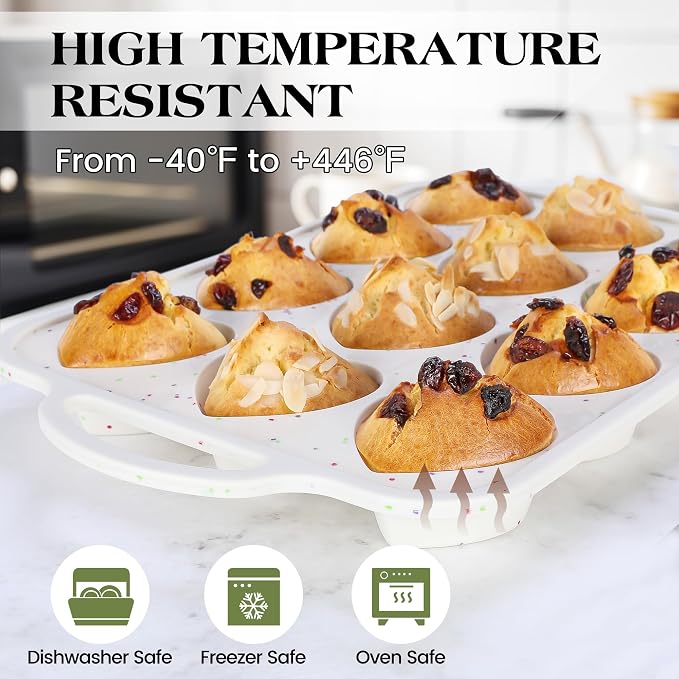 Heart Shaped Muffin Pan, 12 Cup, 2.5 Inch, Cream | Metal Reinforced Frame, Nonstick Silicone, Heart Cake Mold for Baking, Cupcake Tray