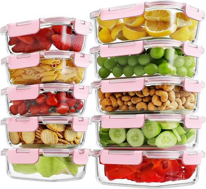10 Pack Borosilicate Glass Meal Prep Containers with Locking Lids, Glass Food Storage Containers Set, Airtight Lunch Bento Boxes, BPA-Free & Leak Proof, 36oz & 14oz, Freezer, Oven Safe-Pink