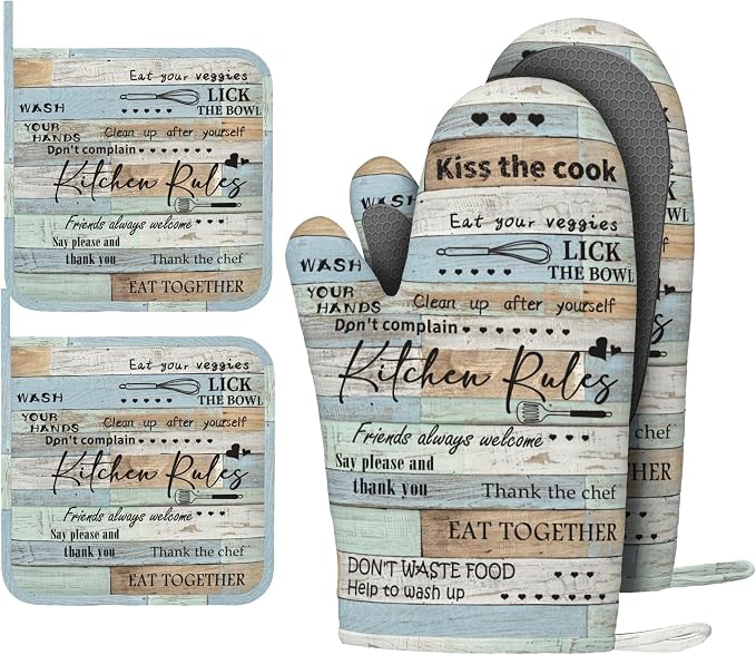 Farmhouse Oven Mitts and Pot Holders Kitchen Oven Mitts Heat Resistant Kitchen Gloves Cotton Lining Waterproof Pot Holders 4 Piece Set for Cooking Baking Grilling