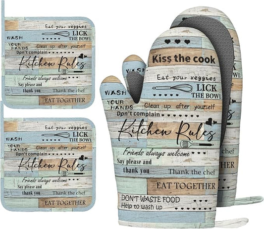 Farmhouse Oven Mitts and Pot Holders Kitchen Oven Mitts Heat Resistant Kitchen Gloves Cotton Lining Waterproof Pot Holders 4 Piece Set for Cooking Baking Grilling
