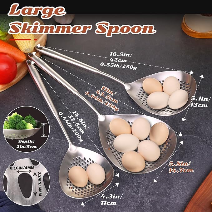 MARTE Skimmer Slotted Spoon -17in 304 Stainless Steel Pasta Spider Strainer Skimmer Ladle Spoon for Cooking and Frying - Kitchen Large Metal Scoop Colander Strainer Spoon with Heat Resistant Handle