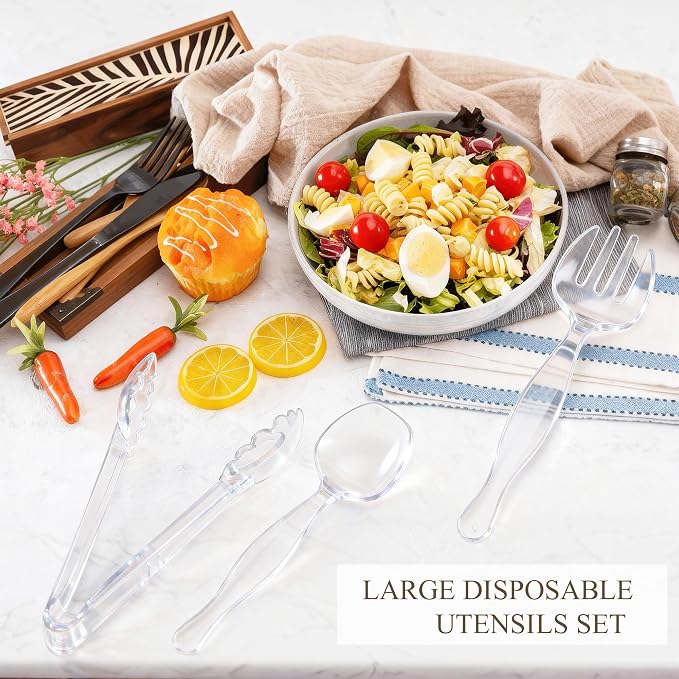 Mwellewm 24Pcs Plastic Serving Utensils Disposable Serving Spoons for Buffet Clear Forks Serving Tongs 8.5''Heavy Duty Large Party Utensils Supplies for Restaurant Food Dinner Salad Noodles Soup