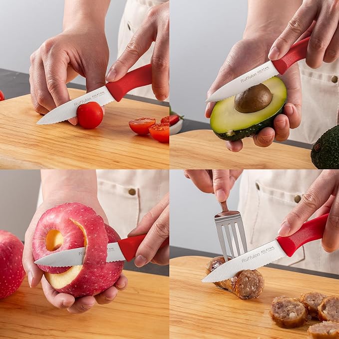 Stainless Steel Paring Knife With Serrated Blade, 6 Pieces Set Vegetable and Fruit Knife, Ultra Sharp Small Kitchen Knife, Red Paring Knives with PP Plastic Ergonomic Handle.