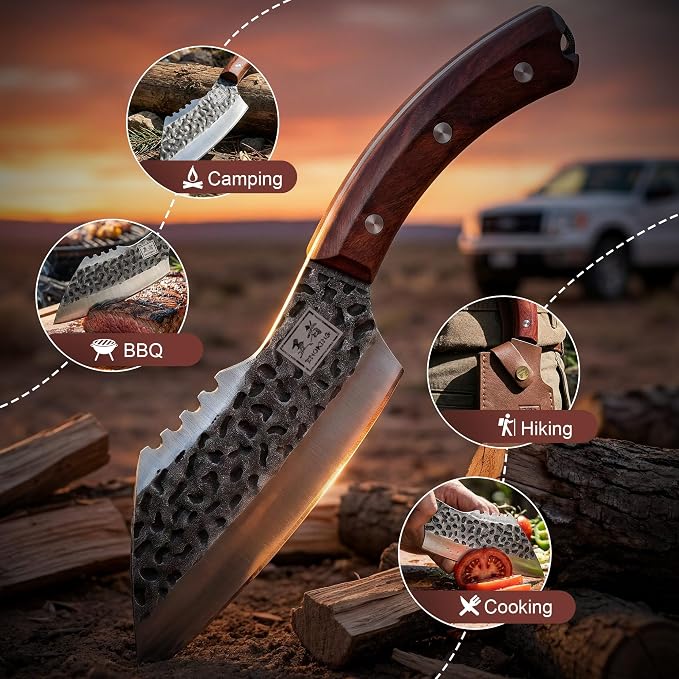 ENOKING 6.1 Inch Meat Cleaver Knife with Sheath, Hand Forged Butcher Knife for Meat Cutting, Full Tang Chef Knife for Kitchen, Outdoor Cooking, Camping, BBQ, with Gift Box