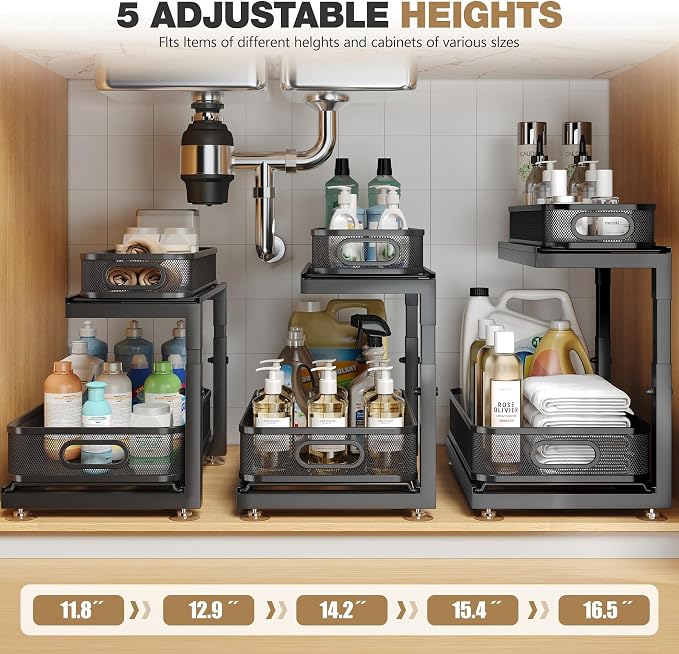 2-Pack Under Sink Storage Organizer with 2-Tier Slide Out Drawer, Sophisticated Mesh Pull Out Shelf for Kitchen & Bathroom, Fits Small Items, Upgraded Arched Track for Smooth Gliding(Patented)