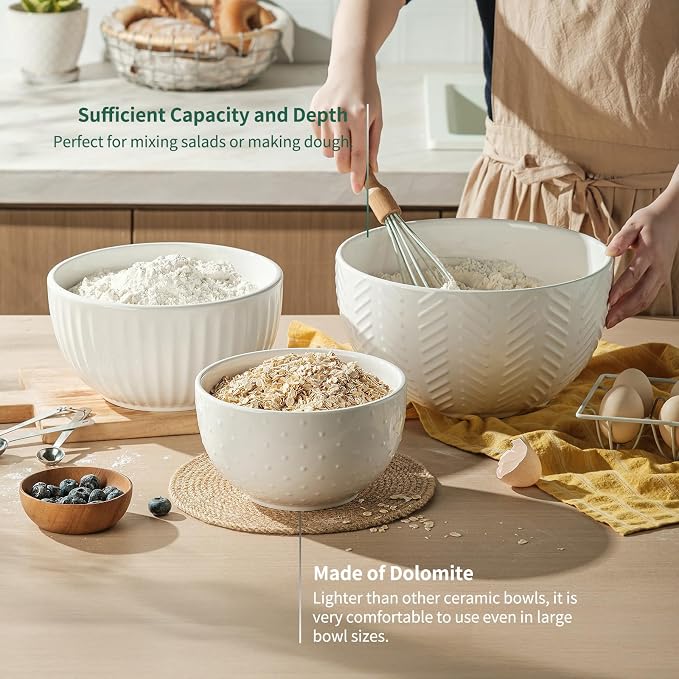 HAPPY KIT Ceramic Mixing Bowls Set, 5/3/1.5qt Set of 3 | For Kitchen, Large 5/3/1.5 Quart, Prep Serving Bowl for Baking and Mixing Salad, Oven, Microwave and Dishwasher Safe