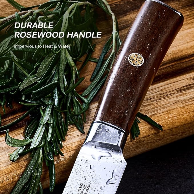 KYOKU 8 Inch Carving Knife - Daimyo Series - Meat and Fruit Slicing Knife with Ergonomic Rosewood Handle, & Mosaic Pin - Japanese Style 440C Stainless Steel Kitchen Knife with Sheath & Case