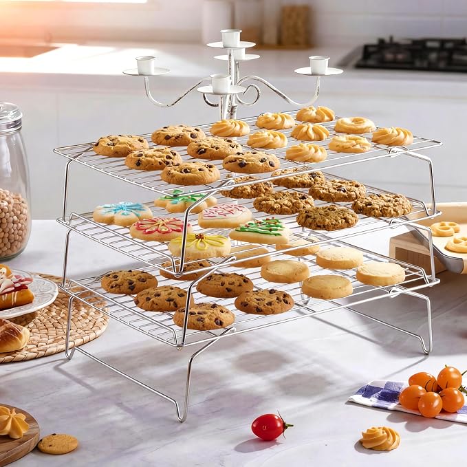 LIANYU Cooling Rack 15"x10", 3-Tier Stackable & Collapsible Stainless Steel Baking Wire Racks for Cooking, Baking, Roasting, Drying, Oven & Dishwasher Safe, Silver
