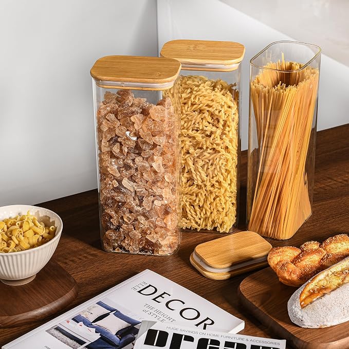 D2scrma 71oz Rectangle Airtight Glass Storage Containers with Bamboo Lids (Set of 4), Square Food Storage Jar, Pantry Organizers for Sugar, Flour, Spaghetti and Coffee beans (‎with Black Lable)