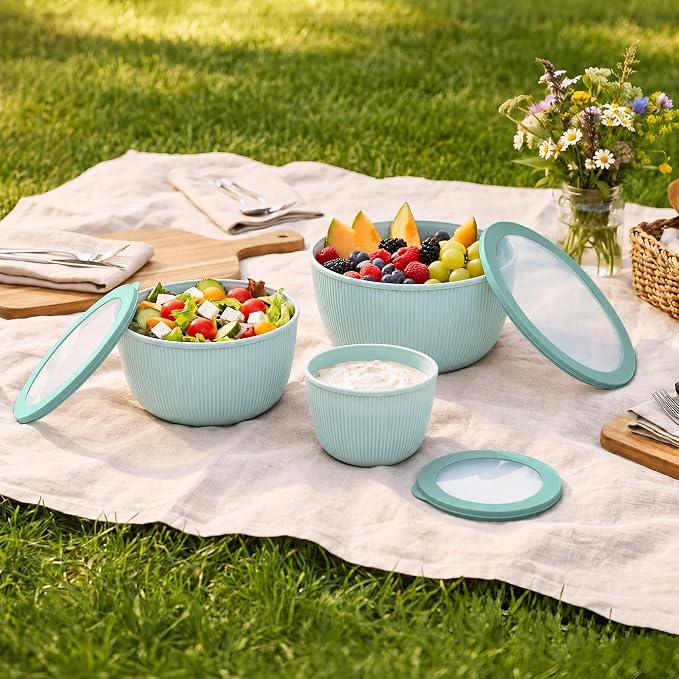 BoxedHome Mixing Bowls with Lids Set, 4.97 Quarts | BPA Free Plastic, Microwave Safe,Green