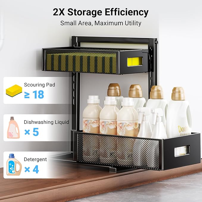 TISTAYA Under Sink Organizer, Metal Under Sink Organizers and Storage, Slide Out Pull Out Cabinet Organizer for Kitchen, Bathroom, Pantry, Laundry, Study, Black