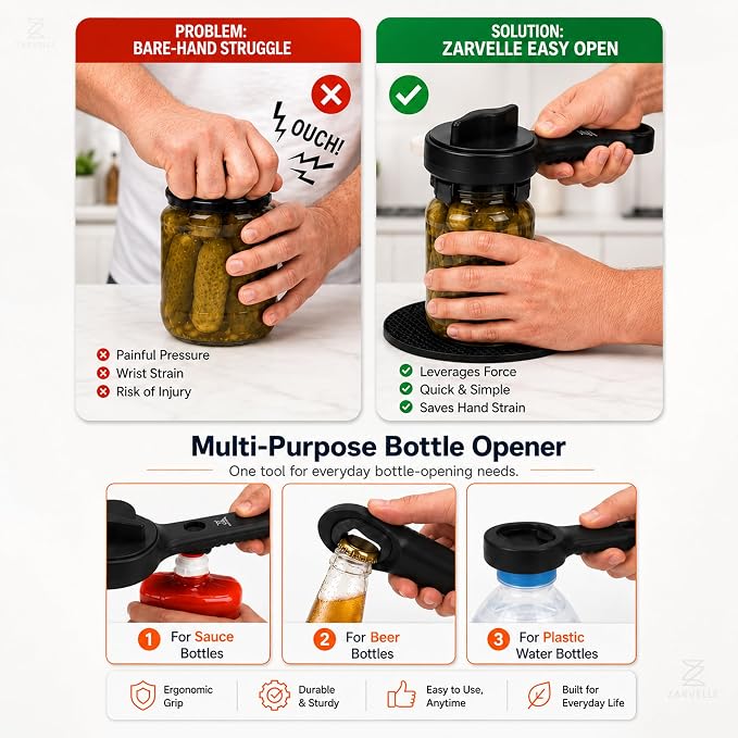 Jar Opener for Seniors with Arthritis & Weak Hands, 4-in-1 Adjustable Lid & Bottle Opener Set with Non-Slip Silicone Grip Pad & Stainless Steel Hook, Easy Twist Kitchen Gadget for Elderly (Black)