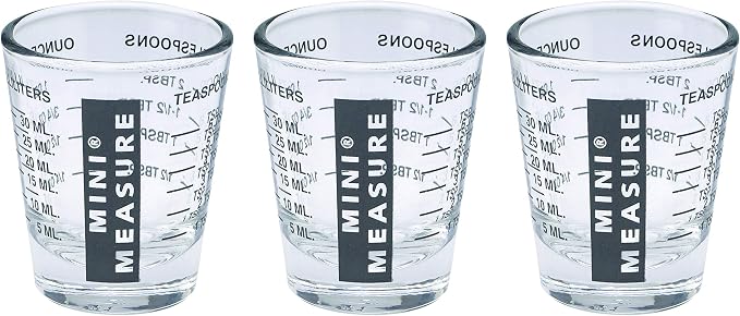 Kolder Mini Measure Heavy Glass, 20-Incremental Measurements Multi-Purpose Liquid and Dry Measuring Shot Glass, Black, Set of 3