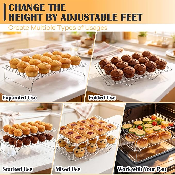 P&P CHEF 4 Tier Stackable Cooling Racks for Cooking and Baking, 15" x 10" | Stainless Steel Stackable Grid Cooling Rack for Cooling Roasting Grilling, Collapsible & Heavy Duty, Oven & Dishwasher Safe