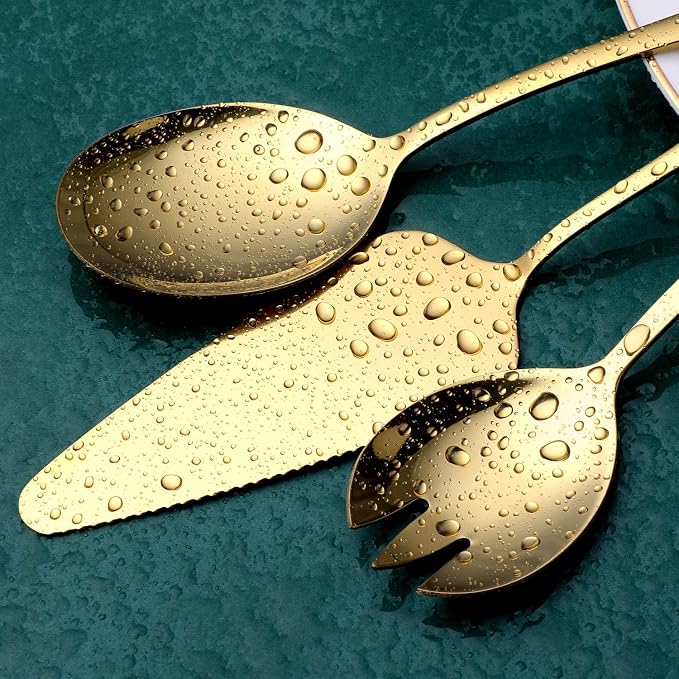 Gold Serving Utensils, OGORI 8-Piece Polished Stainless Steel Flatware Silverware Set Include Serving Spoon, Slotted Spoon, Cake Server, Soup Ladle, Fork, Salad Fork, Butter Knife, Serving Tong