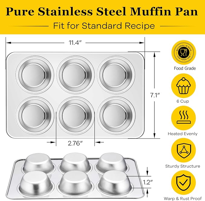 Homikit 1 Pack Muffin Pan, Stainless Steel Cupcake Tin with 6 Cups Regular Size, Thick Metal Egg Bites Bakeware for Oven Baking, Rust Free & Non Toxic, Also Be Snack Tray for Kids, Dishwasher Safe