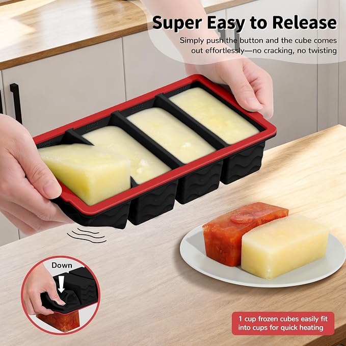 3-Pack Silicone Freezer Trays with Lid,2 Large 2-Cup(500ml)&4 Medium 1-Cup(250ml)&6 Small 1/2-Cup(125ml) Soup Freezer Container Molds,Ice Cube Tray For Meal Prep&Freezing Soup(Black with Red Trim)