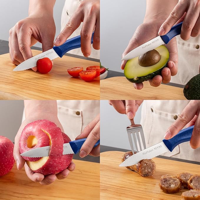 Stainless Steel Paring Knife With Serrated Blade, 6 Pieces Set Vegetable and Fruit Knife, Ultra Sharp Small Kitchen Knife, Blue Paring Knives with PP Plastic Ergonomic Handle.