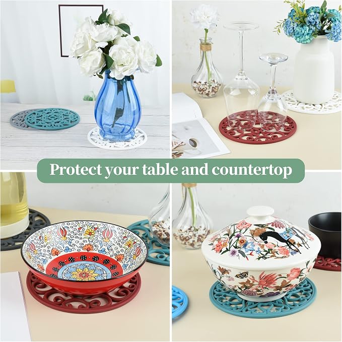 Teal Trivets for Hot Dishes, Silicone Hot Pads for Kitchen, Silicone Trivets for Hot Pots and Pans, Countertop and Tabletop Trivet Mat, Multi Use Round Silicon Pot Holders Set of 3