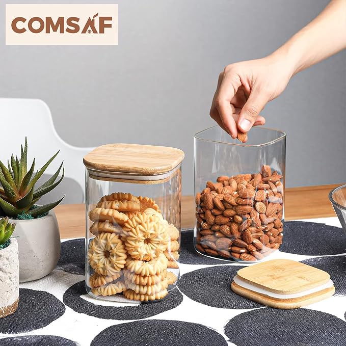 ComSaf Square Glass Containers With Lids 1.2 Qt, Set of 4 Pantry Galss Jars | Kitchen Glass Pantry Storage Containers, Storage Canisters, Silicone Seal, Dry Food, Cookie, Flour, Spice, Coffee, BPA Free