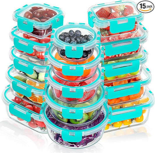 VERONES 30 Pieces Glass Food Storage Containers Set with Lids, Green | Stackable Glass Meal Prep Containers Set with Lids, Airtight Lunch Containers, for Microwave, Oven, Freezer & Dishwasher