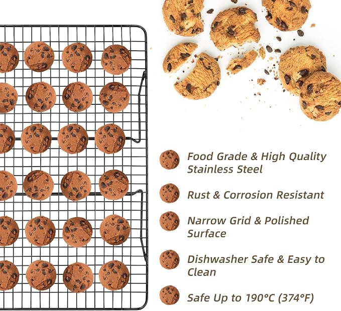 Pleafind 3 Pieces Stackable Cooling Rack - 16 x 10 Inch Wire Rack, 0.43" Dense-Grid Cooling Racks for Cooking, Baking, Roasting, Grilling, Oven and Dishwasher Safe, Black
