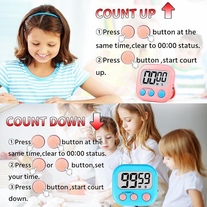 Timer for Kids Teachers Supplies Digital Kitchen Timers for Cooking Large Magnetic Classroom Timer 12Pack-Blue Pink