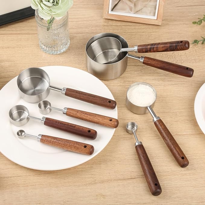 Measuring Cups and Spoons Set 8, 18/8 Stainless Steel Measuring Cups and Spoons Set for Baking and Kitchen, Metric & US Metal Measure Cup & Spoon with Wood Handle for Dry & Liquid