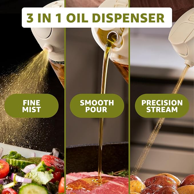 FineDine 16 oz Glass Olive Oil Sprayer for Cooking, Oil Dispenser, White | Glass 2-in-1 olive oil dispenser bottle, oil dispenser for kitchen, oil spray bottle, mist or stream, anti-drip spout, salads