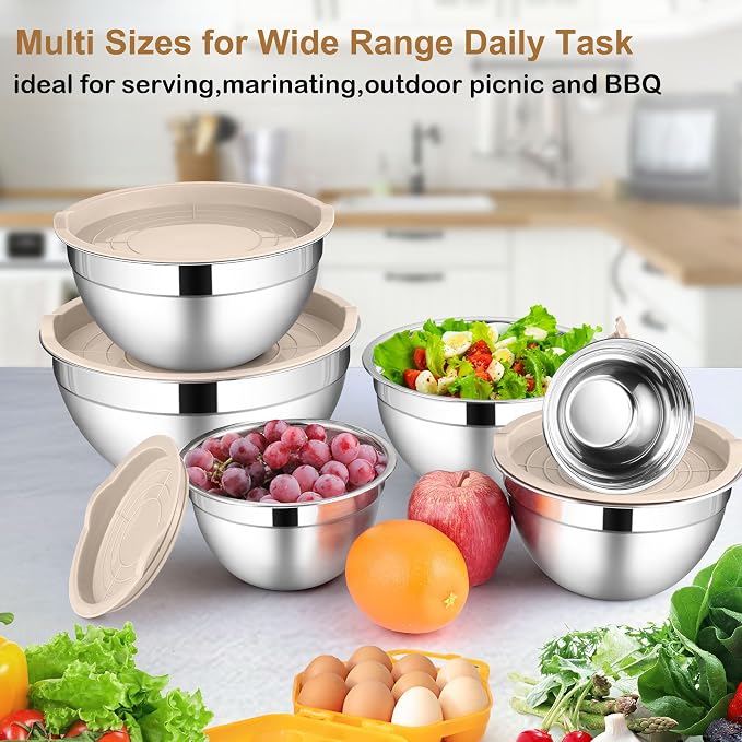 LIANYU 6 PCS Mixing Bowls with Lid Set, Size 7 & 3.5 & 2.5 & 2 & 1.5 & 1QT | Stainless Steel Cooking Serving Bowls, Kitchen Metal Nesting Bowl for Prepping & Food Storage, Dishwasher Safe, Khaki