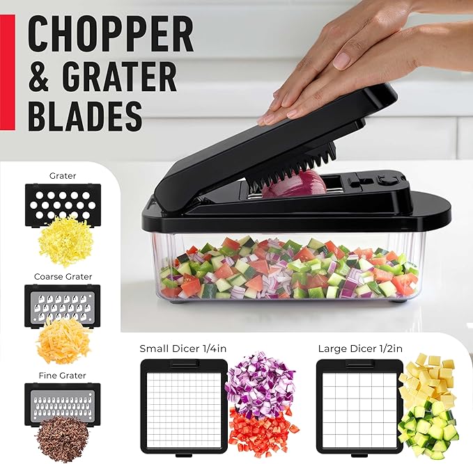 MUELLER HOME Pro-Series 10-in-1, 8 Blade Vegetable Chopper, Mandoline Slicer, Onion Mincer, Cutter, Dicer, Veggie Chopper with Container, Kitchen Essentials, House Warming Gifts New Home, Black
