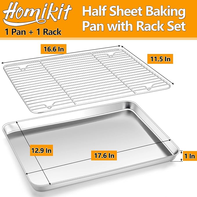 Homikit Half Baking Sheet with Wire Cooling Rack (1 Pan+1 Rack), Nonstick | 18x13 Inch Stainless Steel Cookie Sheets for Baking, Large Baking Pan with Grid Set, Metal Bacon Tray, Oven & Dishwasher Safe