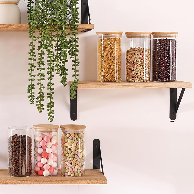 6pcs Glass Food Storage Containers with Bamboo Lids, 0.6qt Glass Jars | Airtight Pantry Storage Jars for Flour, Sugar, Dry Goods