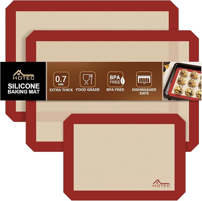 HOTEC Silicone Baking Mats 3 Pack – Thickened Non-Stick Reusable Silicone Baking Sheets for Oven – Cookie & Macaron Mats – 2 Half Sheet + 1 Quarter Sheet – BPA-Free, Dishwasher Safe