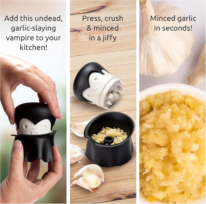 OTOTO Gracula Garlic Press, Garlic Crusher, Garlic Mincer, Also for Ginger, Nuts, Chili, Herbs - Twist Top Mincer & Easy Squeeze Manual Press Peeler, Goth Gifts