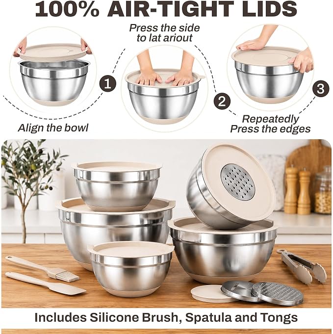 Four Flowers Heavy-Duty Mixing Bowls Set with airtight lids – 11 PCS Stainless Steel Nesting Kitchen Bowls, Mixing Bowls with Non-Slip Bottoms and Grater Attachment, Best for Mixing and Serving
