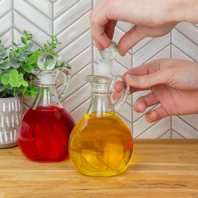 Cornucopia Brands Glass Oil and Vinegar Cruets (Set of 2); 8oz Round Oil Dispensers/Salad Dressing Bottles with Stoppers