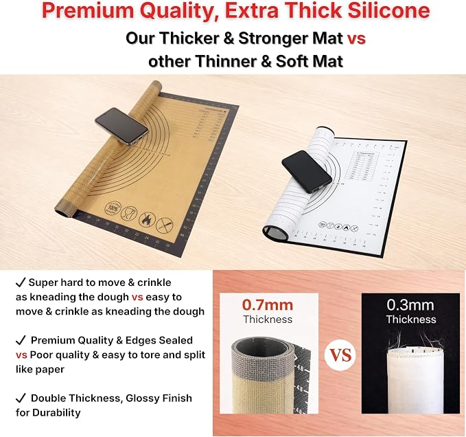 Silicone Pastry Mat with Measurements, 36 x 24 Inch Extra Thick Non-Slip Nonstick XL Baking Mat for Dough Rolling, Kneading, Fondant and Pie, Gray