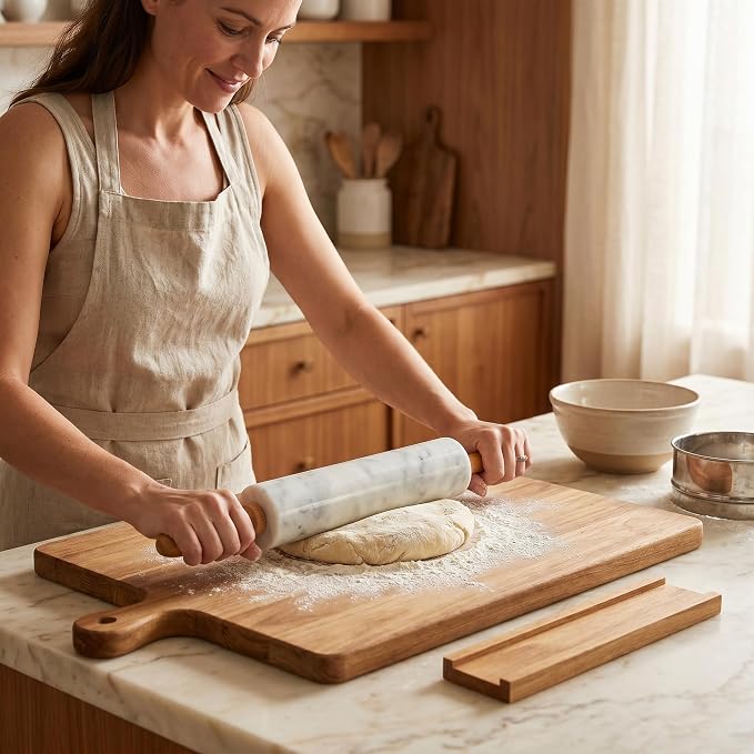 White Marble Rolling Pin for Baking 10inch Barrel，Dough Roller | With Wooden Handles & Wood Cradle, Non-Stick Dough Roller for Pizza, Pasta, Fondant, Pie Crust, Pastry & Cookies