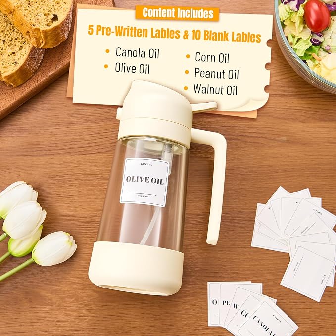 PARACITY Oil Dispenser Bottle and Glass Olive Oil Sprayer, 2-in-1 White | Silicone bottom improves grip; wide mouth eases refills, with spray and pour modes for BBQ, air fryer, salad, and baking.