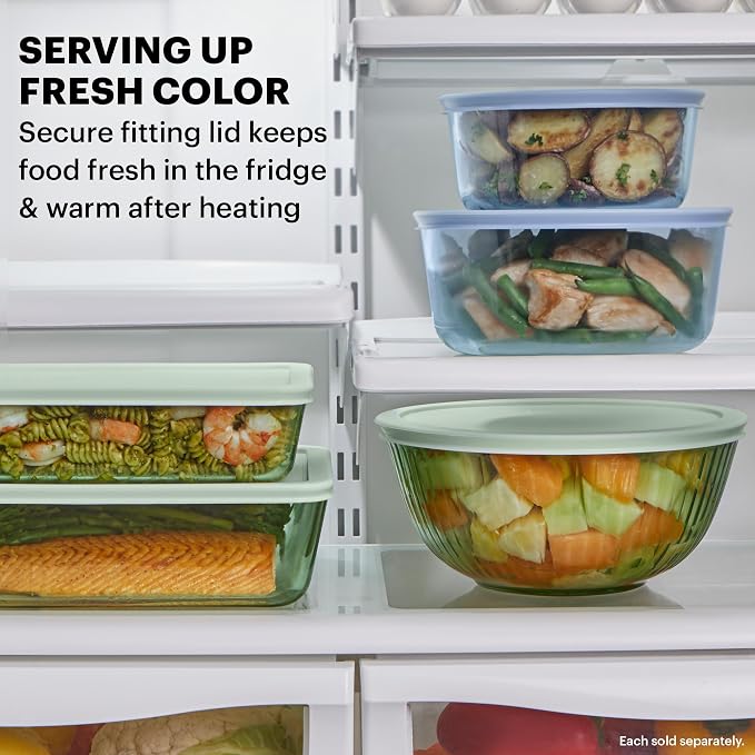 Pyrex Colors Tinted (3-Pack, Full Set) Sculpted Tinted Glass Mixing Bowls | 1.3, 2.3 & 4.5 QT nesting set of bowls with plastic lids for prepping & baking, dishwasher safe