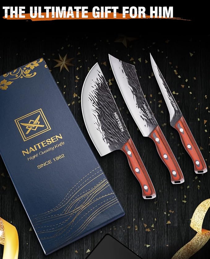 Naitesen 3PCS Hand Forged Butcher Knife Set with Gift Box | Very Sharp Full Tang Wood Handle Serbian Chef Knife, Cleaver and Boning Knife for Meat Cutting Kitchen, Camping & BBQ