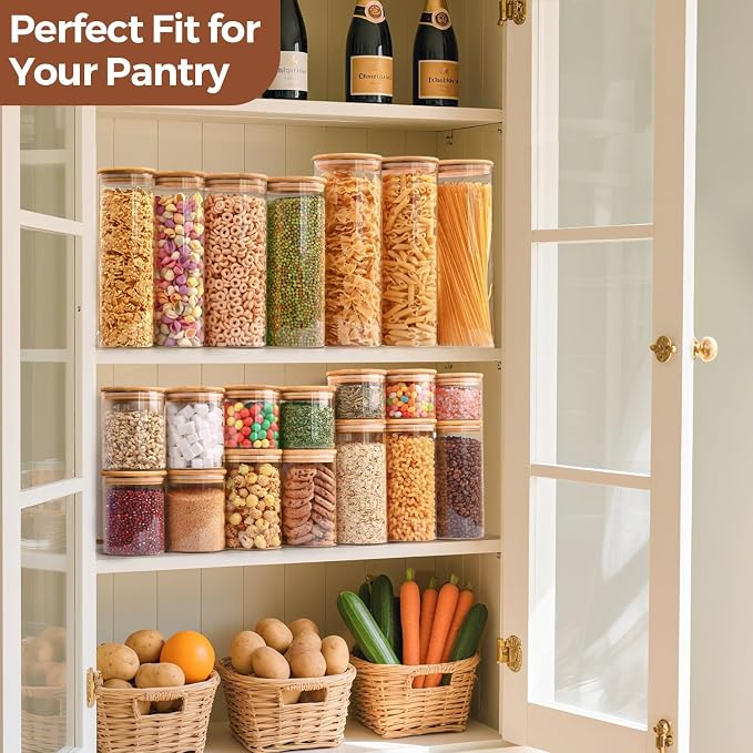 ComSaf Glass Storage Containers wtih Lids 1 Qt, Set of 6 Food Storage Jars | Round Glass Jars With Bamboo Lids, Kitchen Canisters 32oz, Pantry Organizers, Tea, Spice, Coffee, Dry Food Storage, BPA Free