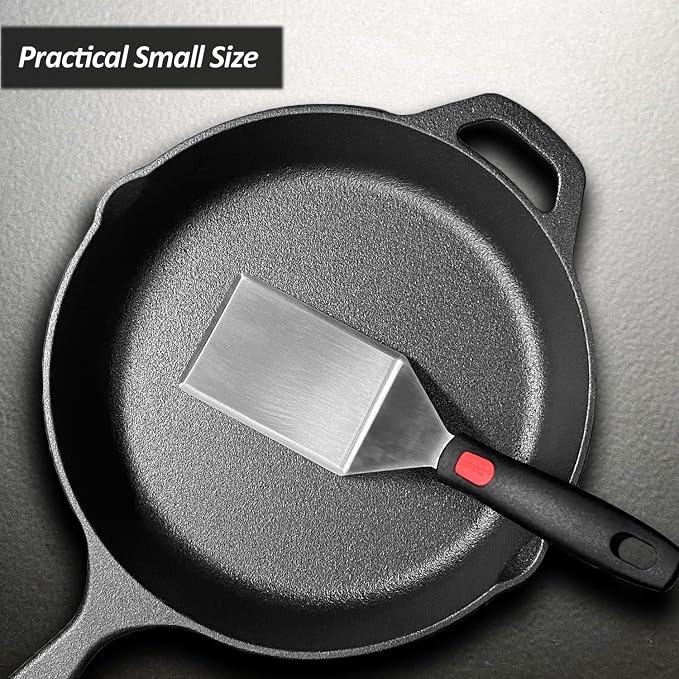 Small Spatula for Cast Iron Skillets, Full Tang silicone Handle, Heat Resistant, Commercial Grade Heavy Duty Turner, Press Burger Spatula Turner for Flipper, Cooking, Serving, 2.7" Wide