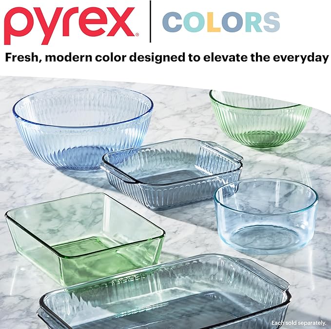 Pyrex Colors (2-Pack) Sculpted Tinted Small/Medium Glass Mixing Bowls | 1.3QT & 2.3QT nesting bowls with plastic lids, for prepping & baking