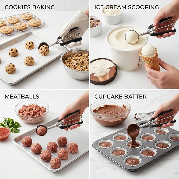 Cookie Scoop Set, 3Pcs Ice Cream Scoop, Cookie Scoops for Baking Set of 3, 18/8 Stainless Steel Cookie Scooper for Baking, Ice Cream Scooper with Trigger Release, Cookie Dough Scoop with Non-slip Grip