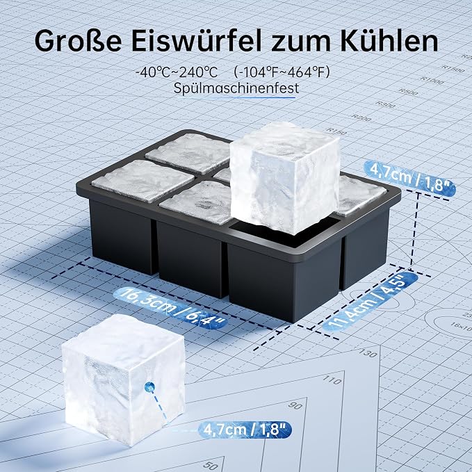 Ankway Silicone Ice Cube Tray, Large, 2 Pack, XXL Ice Cube Tray with Lid for 5 cm, 12 Ice Cubes, BPA-Free Premium Silicone Ice Cube Tray for Chilled Drinks, Whisky, Cocktails, Beer and Coffee