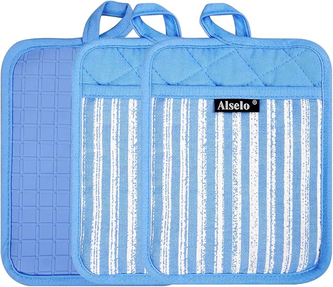 Alselo Silicone Pot Holders Set of 3 Heat Resistant & Non Slip Potholders, Professional Oven Hot Pads with Pockets Mitts for Kitchen Cooking Baking Barbecue (3, Blue)