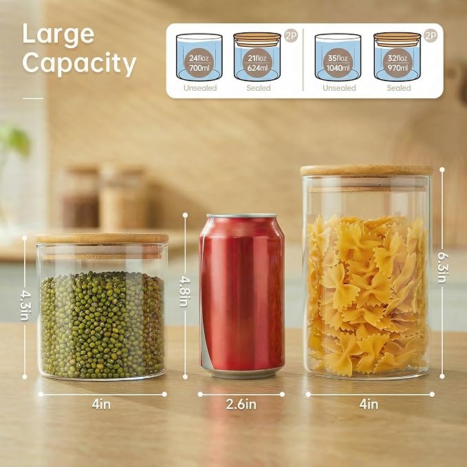 32 oz & 21 oz Round Glass Food Storage Containers with Bamboo Lids, 4 Pack | Airtight Pantry Jar for Flour, Sugar & Rice, Durable Borosilicate Glass Canisters Keep Food Dry & Fresh, Easy to Fill & Clean