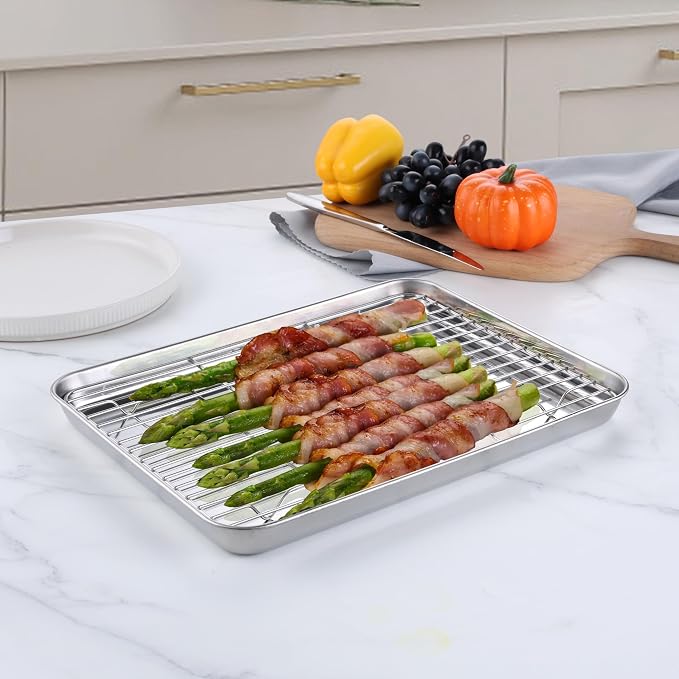 Homikit Quarter Sheet Pan with Rack Set for Toaster Oven (2 Sheets+2 Racks) | 12x10 Inch Stainless Steel Baking Sheets & Wire Cooling Grids, Small Cookie Pans Non Toxic, Metal Bacon Tray, Dishwasher Safe